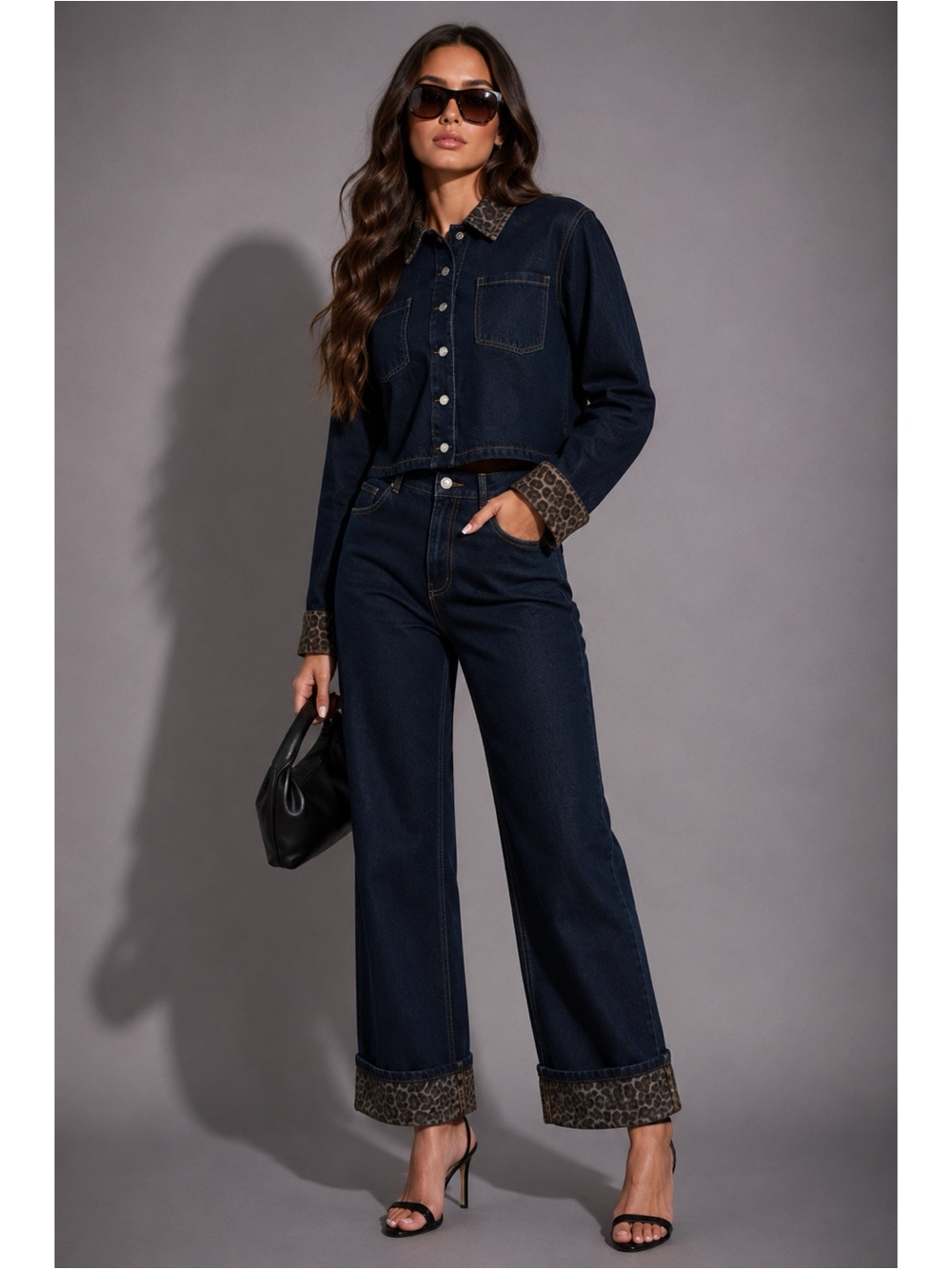 NWT Dark Indigo Leopard Trim Denim Jacket